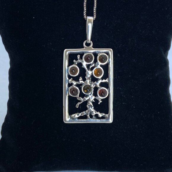Sterling Silver 925 Multicolored Baltic Amber Tree Of Life Pendant Necklace 18" - Picture 11 of 16